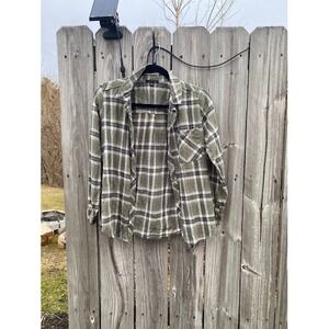 Staccato Olive Green Plaid Button Down Shirt Long Sleeve Small Pocket Top